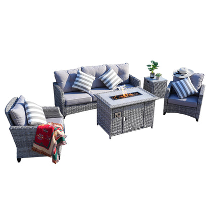 5-Piece Wicker Patio Fire Pit Seating Set with Sectional Sofa & Gray Cushions