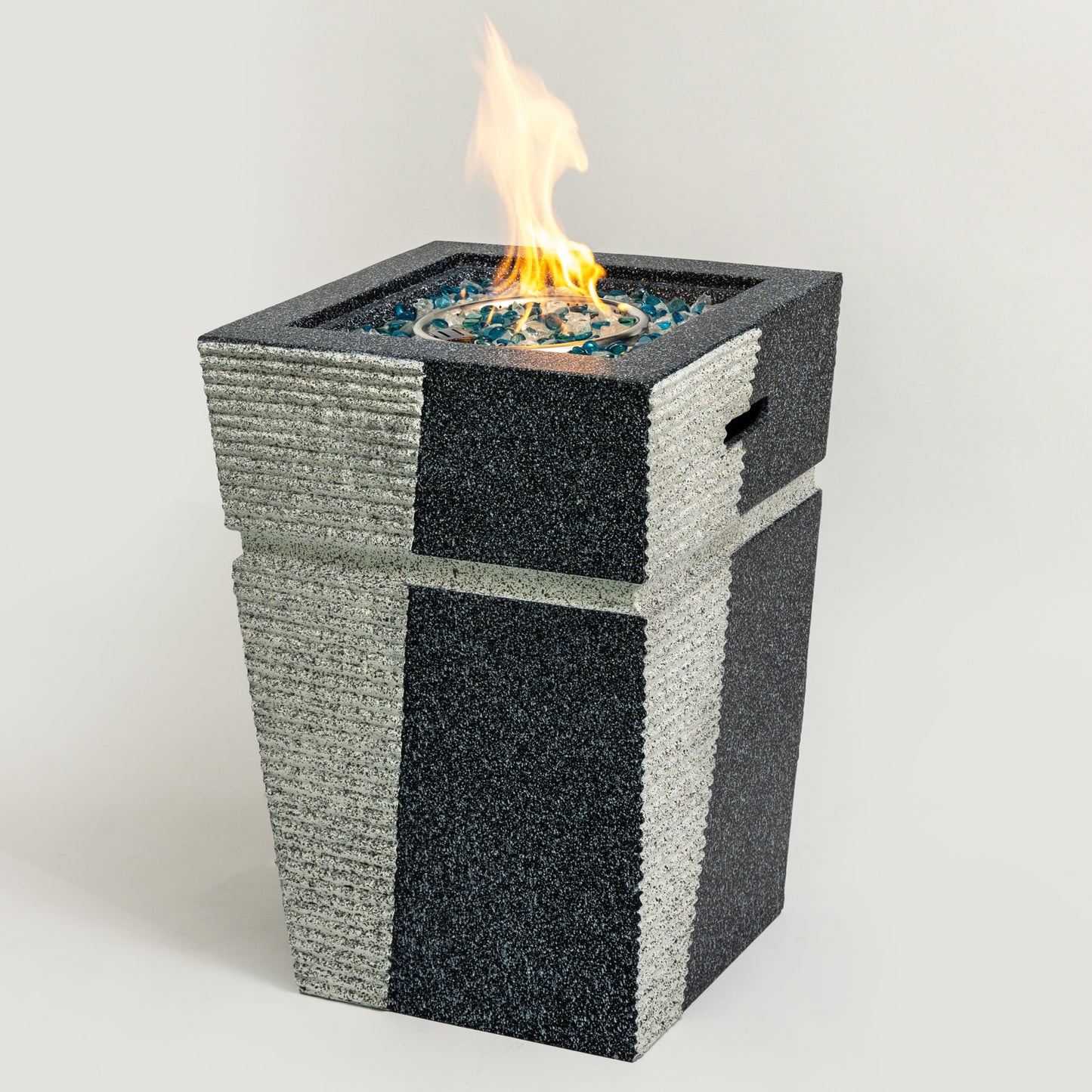 Light Grey-Blue Concrete Square Top Propane Fire Pit Column, 40,000 BTU (20" x 20" x 29.1")