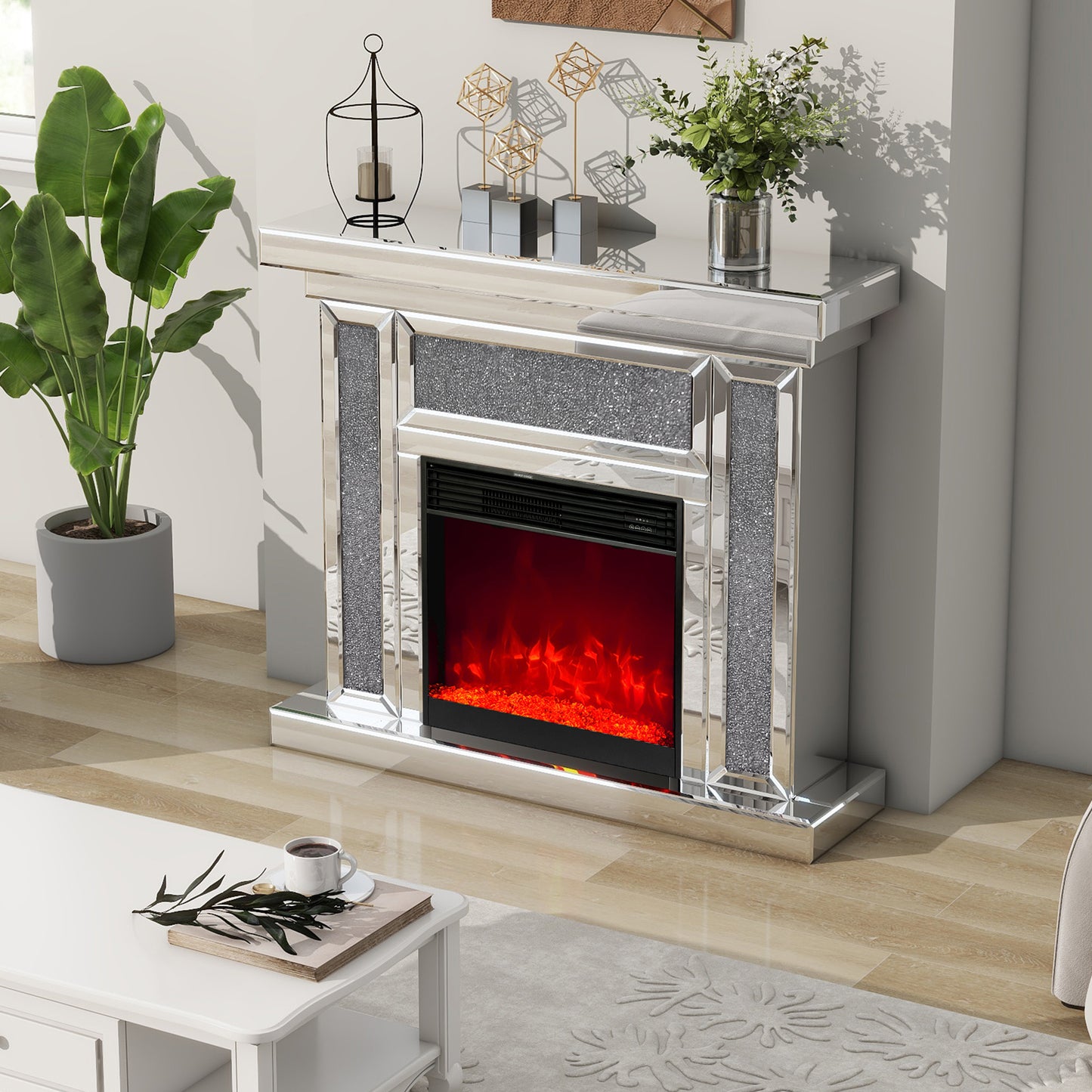 47" Mirrored Electric Fireplace with 7 Colors Adjustable 3D Flame, Mantel, and Remote Control, Silver