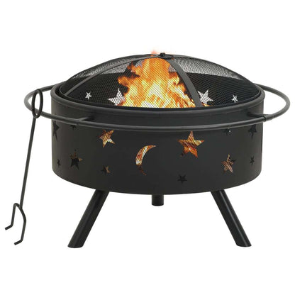 29.9" Moon & Stars XXL Steel Fire Pit with Poker, (29.9" x 29.9" x 20.9"), Black