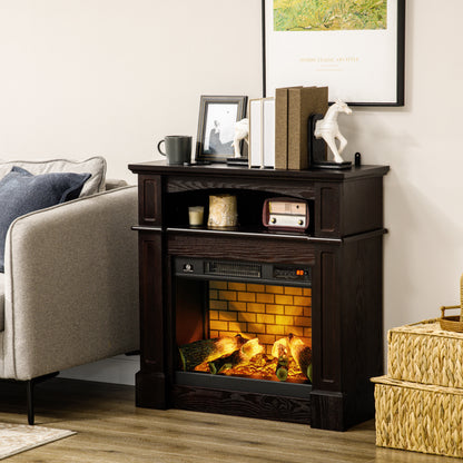 32" Electric Fireplace with Mantel, Freestanding Heater with LED Log Flame, Shelf and Remote Control, 700W/1400W, Brown