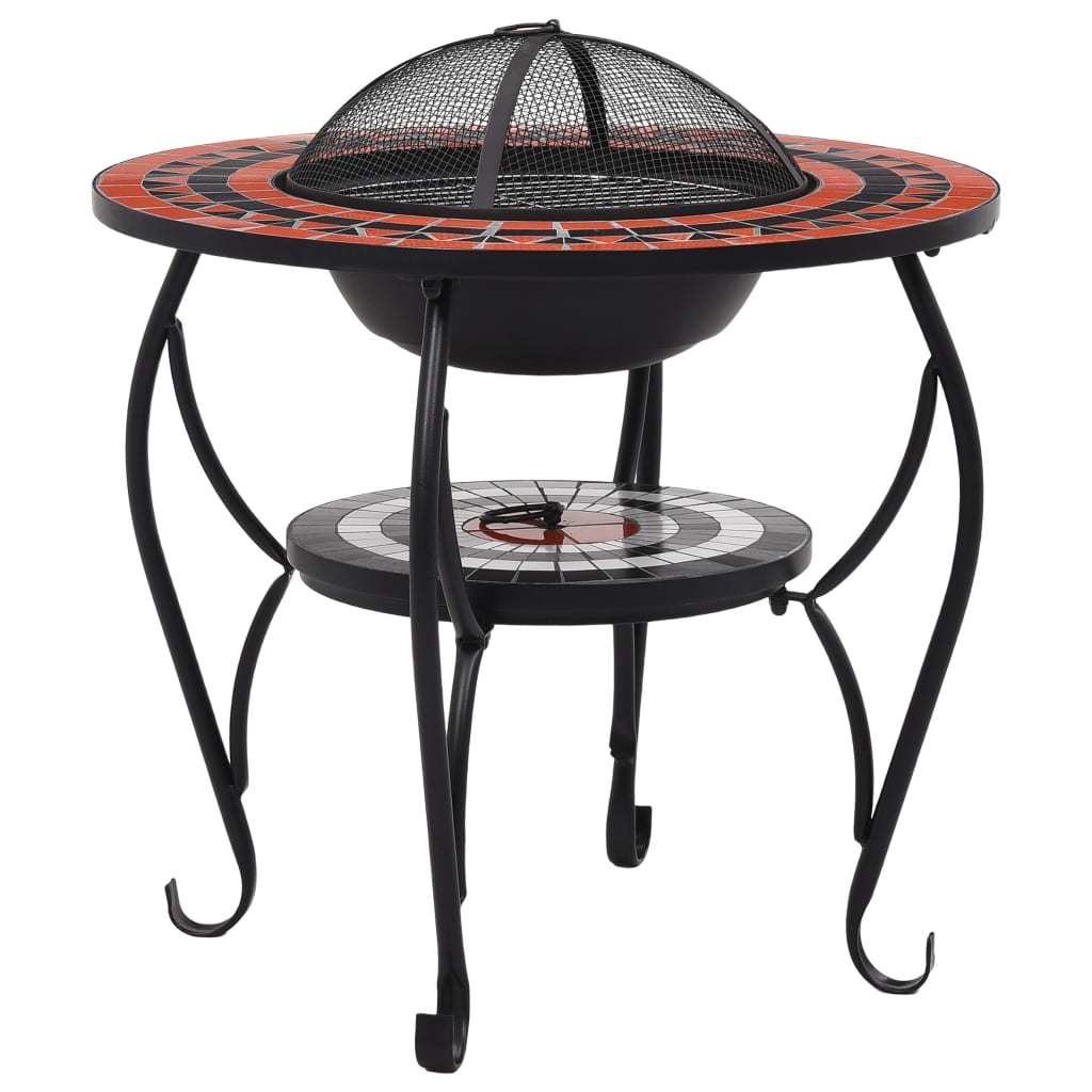 26.8" Terracotta & White Steel, Round Fire Pit Table with Ceramic Top, Mesh Cover