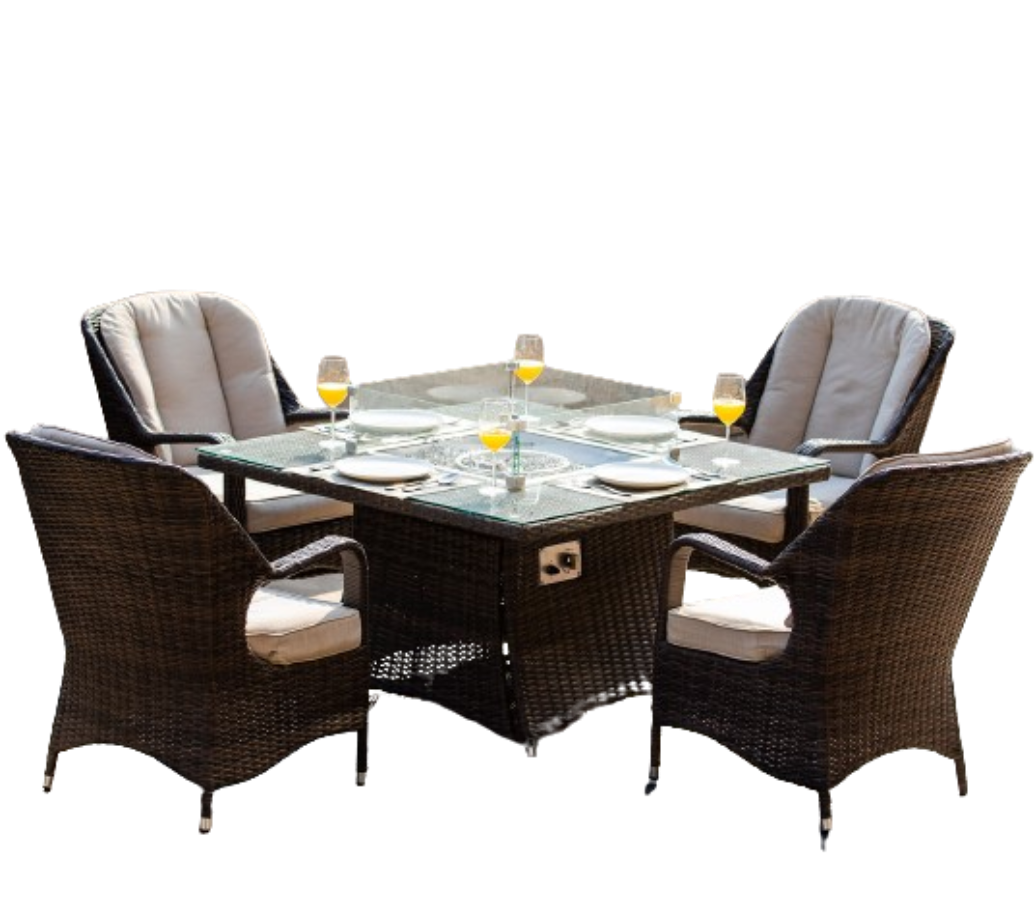 5 Piece Rattan Gas Firepit Dining Set with Eton Chairs