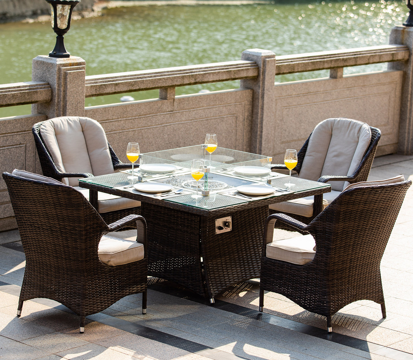 5 Piece Rattan Gas Firepit Dining Set with Eton Chairs