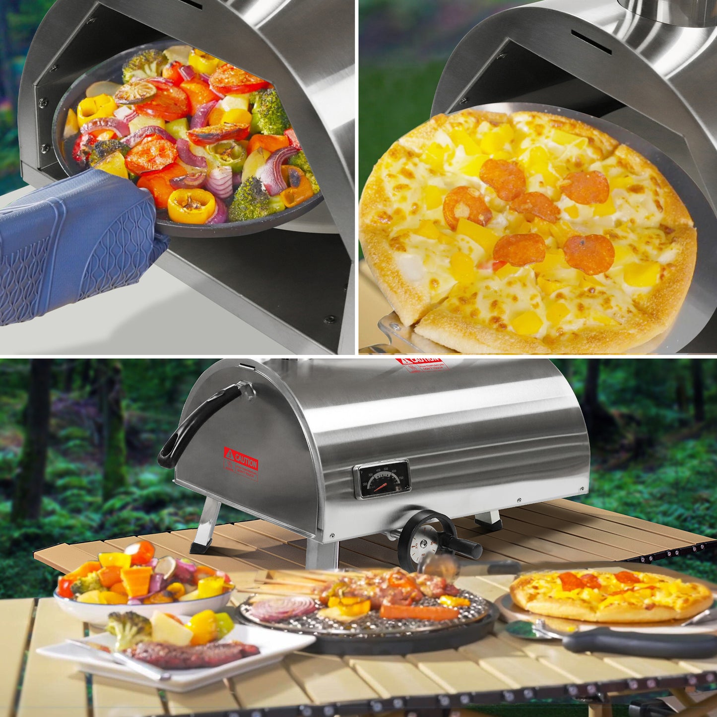 Silver, Semi-Automatic Rotatable Outdoor Pizza Oven (26.8" x 15" x 28.5)