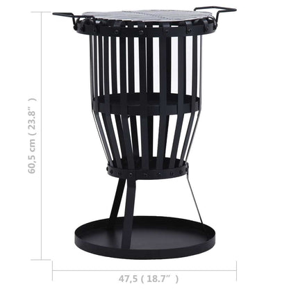 19" Garden Steel Fire Pit Basket with BBQ Grill, (19" x 15" x 24.2"), Black