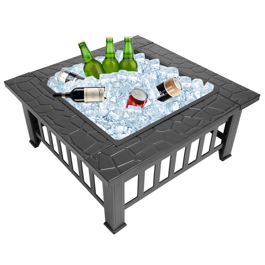 3 in 1 Metal Square Patio Firepit Table BBQ Garden Stove with Spark Screen Cover, Log Grate, and Poker (32" x 32" x 17")