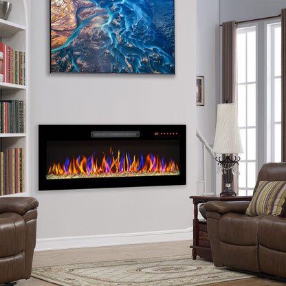 36" Recessed Ultra Thin Wall Mounted Electric Fireplace with Remote, Multi-Color Flame & Ember bed, LED Light Heater