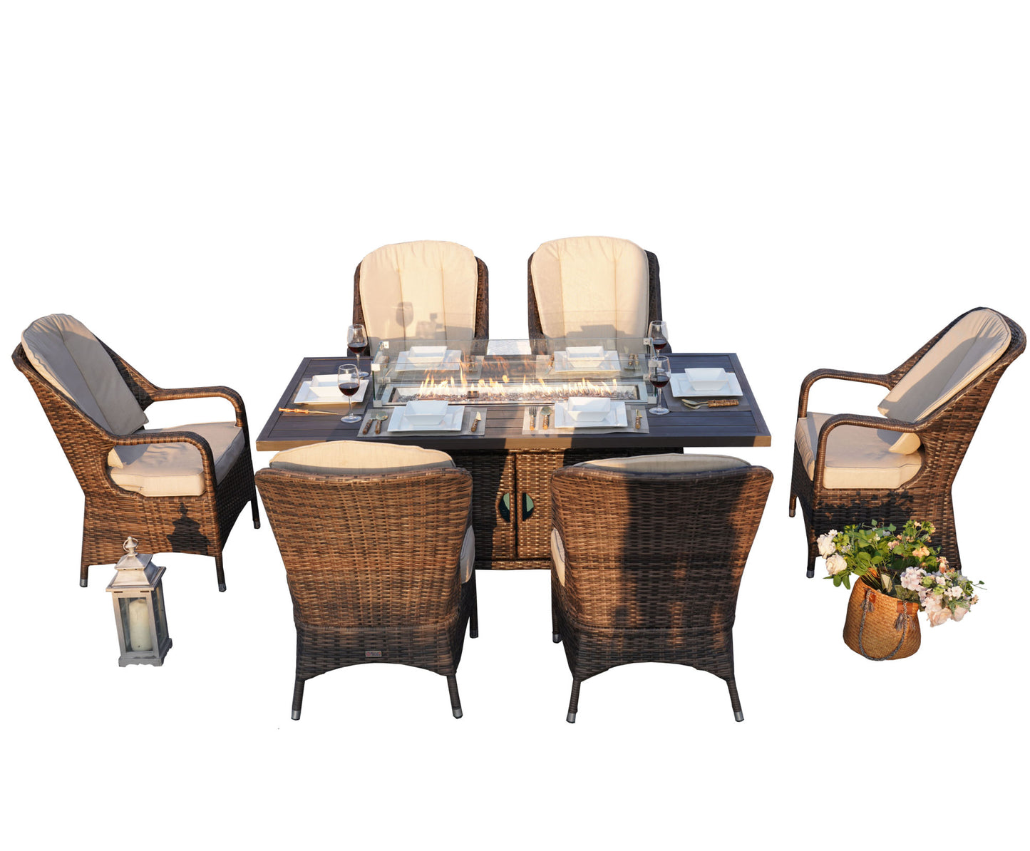 6-Seat Patio Fire Pit Dining Set with Rattan Chairs and Rectangular Aluminum Table