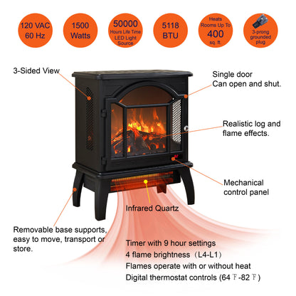 18" 3D Flame Electric Infrared Quartz Fireplace Stove with Remote Control, Antique Black