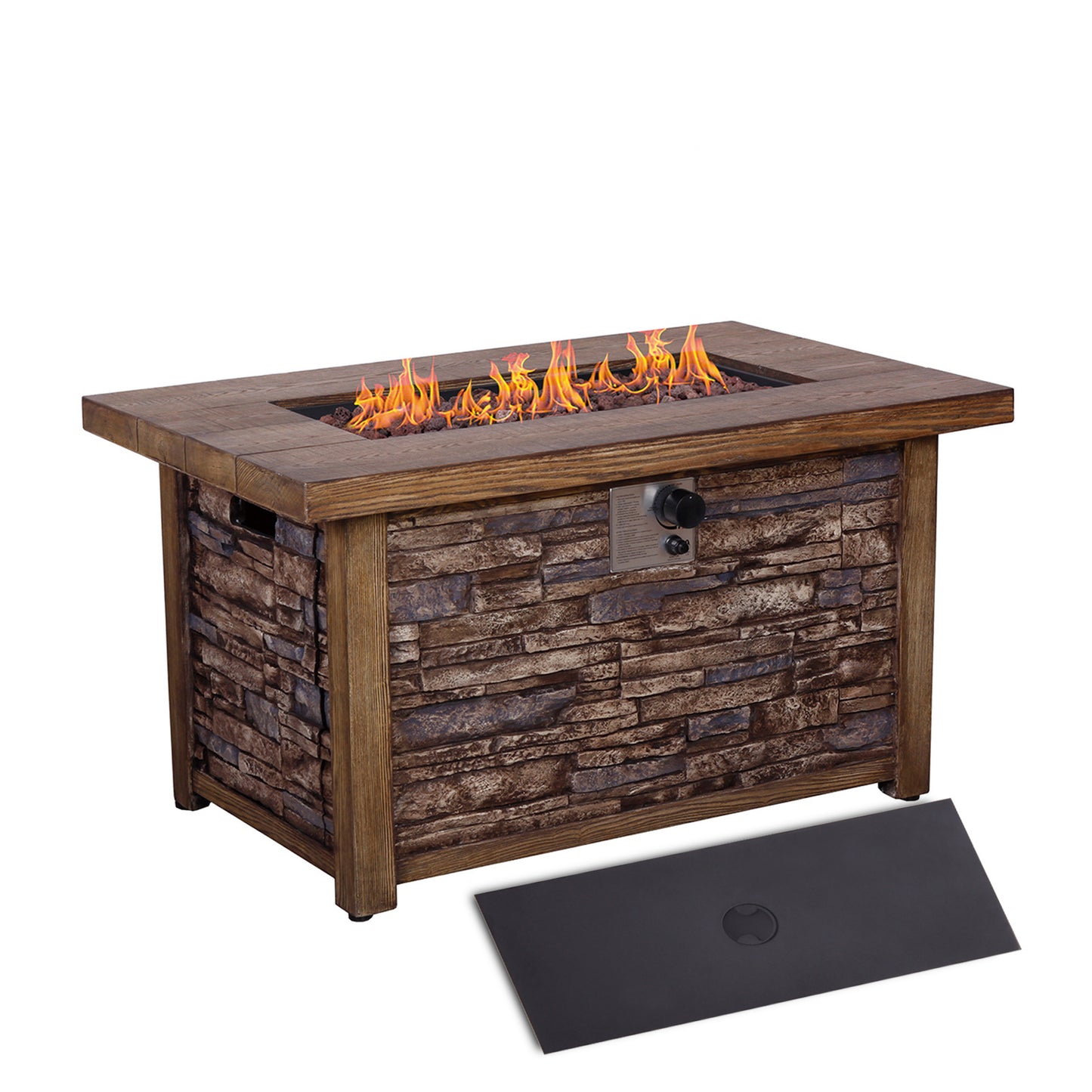 Rectangle Fire Pit Table, Faux Woodgrain Top & Stone Texture Base, 50,000 BTU (43.5" W x 27.36" H x 23.8" D)