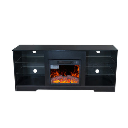 58" Electric Fireplace Center with 18 Inch Electric Fireplace Heater for TVs up to 62 Inches, Adjustable Glass Shelves and Storage Cabinets, Black