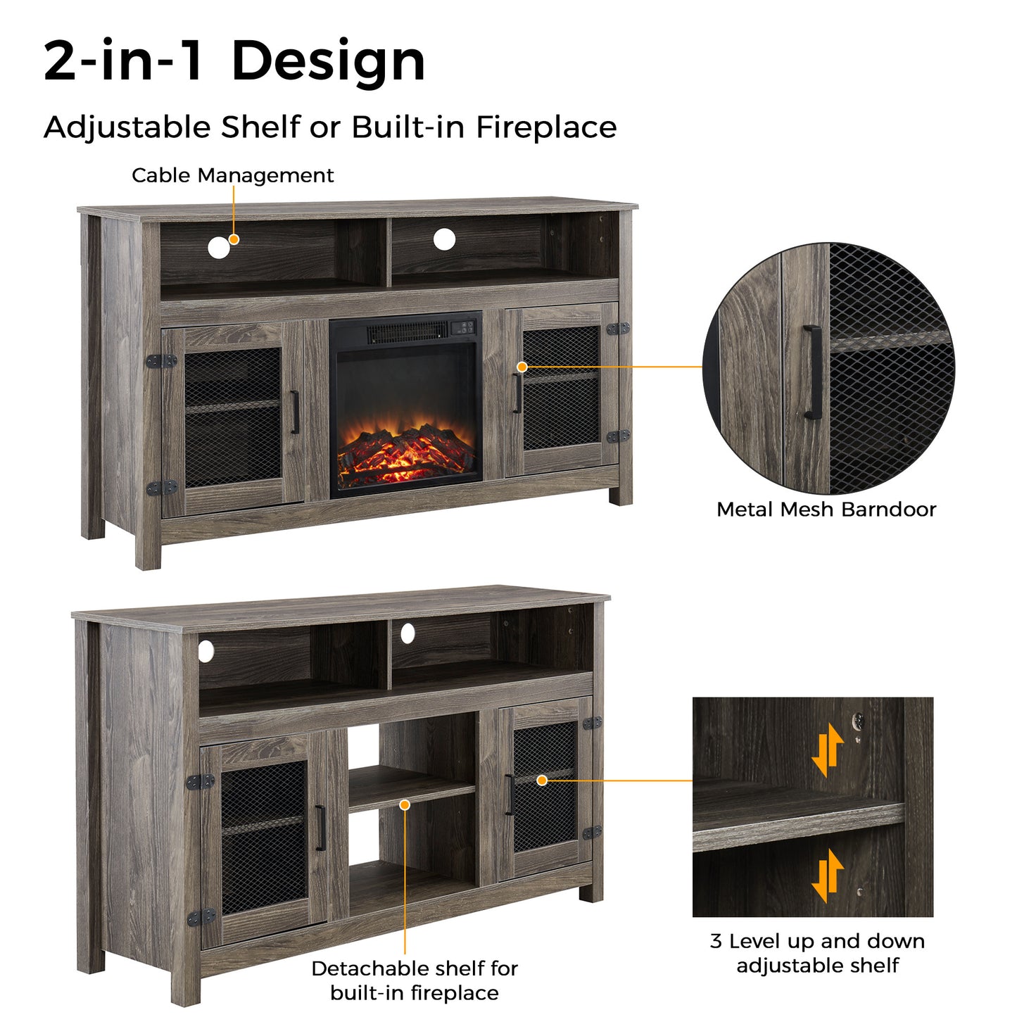 58" Modern Farmhouse TV Stand with Electric Fireplace, Grey