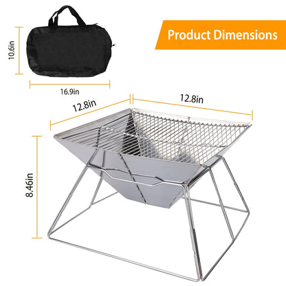 12.8" Foldable Camping Hibachi Grill, Charcoal Campfire Stove Pit (12.8" x 12.8" x 8.46"), Stainless Steel