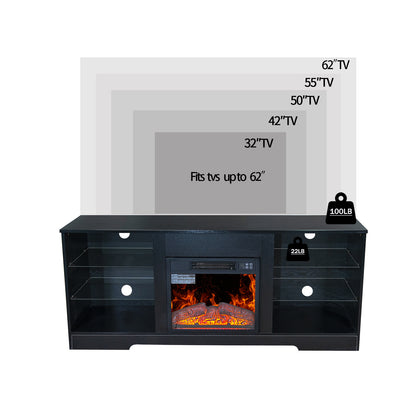 58" Electric Fireplace Center with 18 Inch Electric Fireplace Heater for TVs up to 62 Inches, Adjustable Glass Shelves and Storage Cabinets, Black