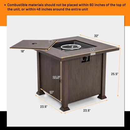 Square, Brown Fire Pit Table with Lid and Lava Rocks (32" x 32" x 25")