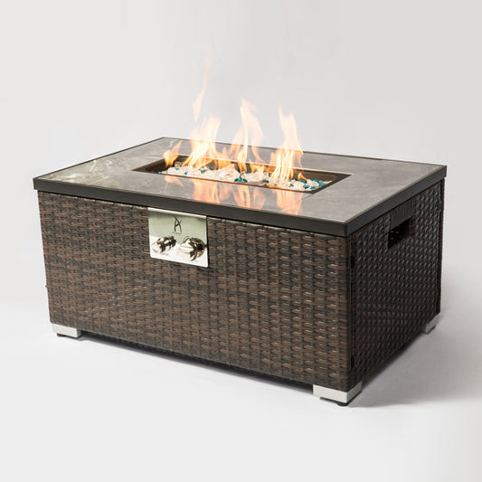 Outdoor Propane Fire Table with Ceramic Tile Top, 40,000 BTU, Dark Brown Wicker (32" W x 20" D x 16" H)