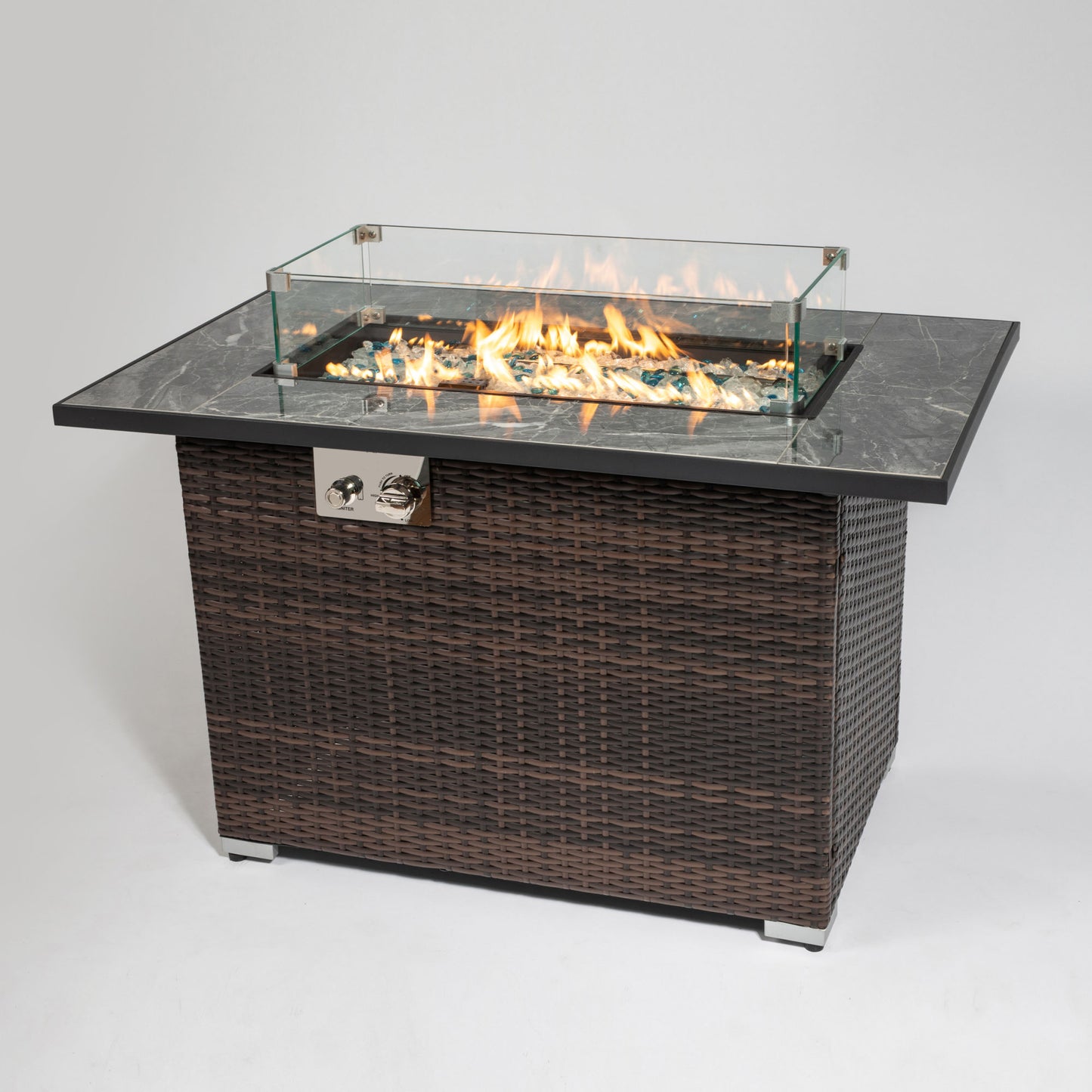 Espresso Wicker Propane Fire Pit Table with Ceramic Tile Top, 50,000 BTU (43.3" W x 26" H x 24.8" D)