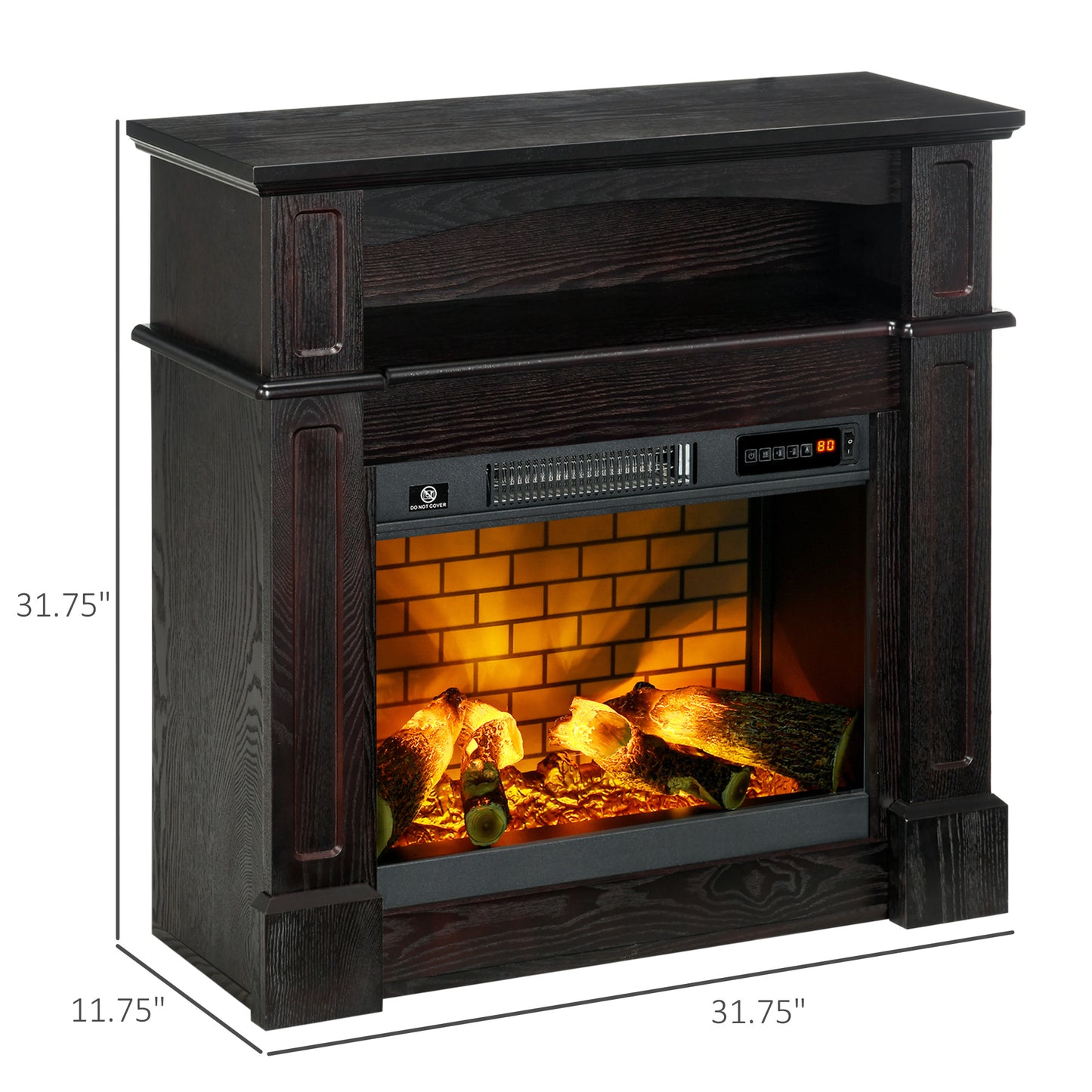 32" Electric Fireplace with Mantel, Freestanding Heater with LED Log Flame, Shelf and Remote Control, 700W/1400W, Brown