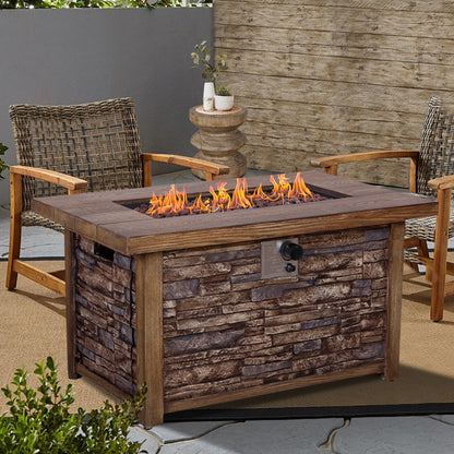 Rectangle Fire Pit Table, Faux Woodgrain Top & Stone Texture Base, 50,000 BTU (43.5" W x 27.36" H x 23.8" D)