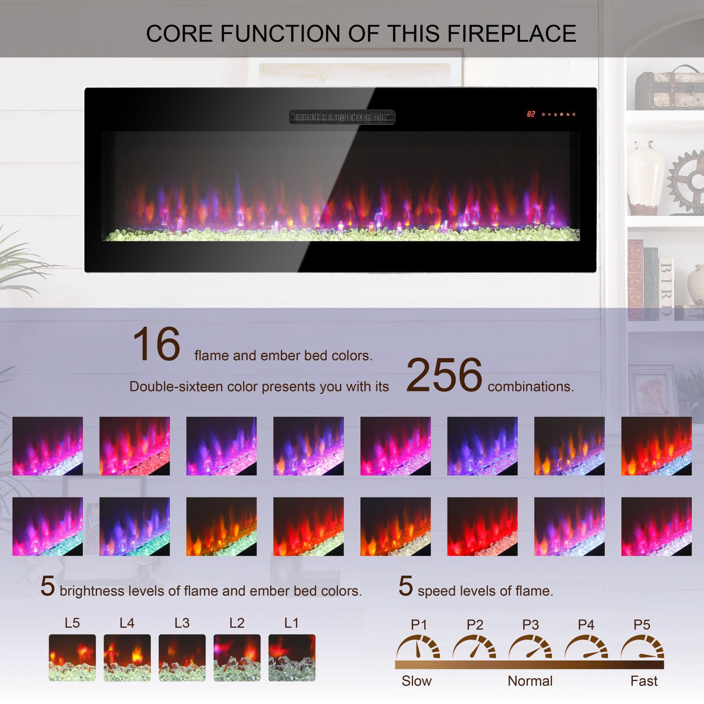 50" Electric Fireplace, Recessed and Wall Mounted Fireplace