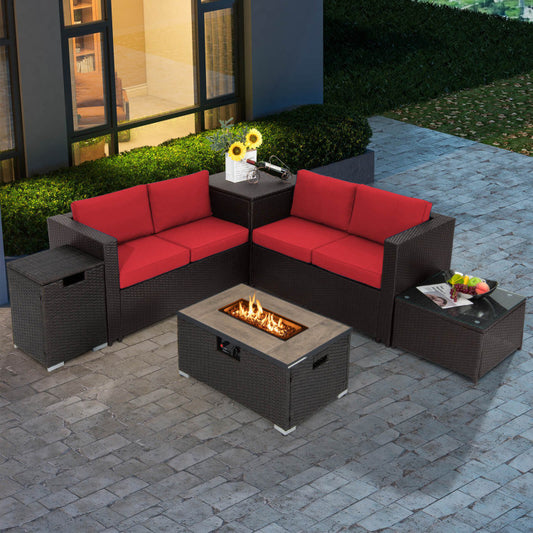 Propane Rattan Fire Pit Table Set with Side Table Tank, 40,000 BTU, Brown (32" W x 20" D x 16" H)