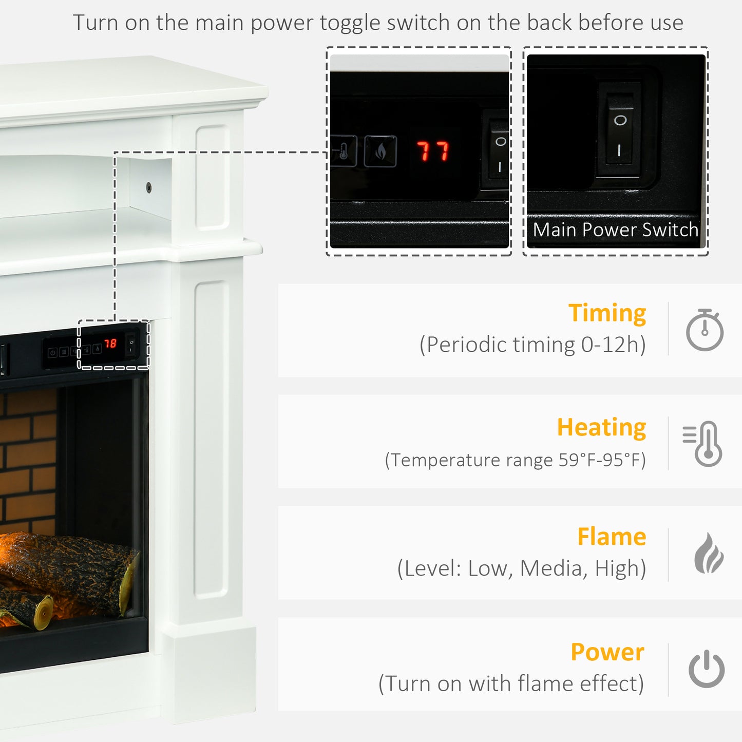 32" Electric Fireplace with Mantel, Freestanding Heater with LED Log Flame, Shelf and Remote Control, 700W/1400W, White