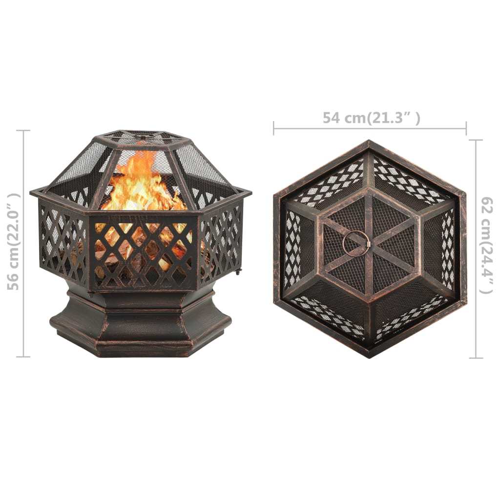 24.4" Rustic Fire Pit with Poker XXL Steel (24.4" x 21.3" x 22"), Black/Brown