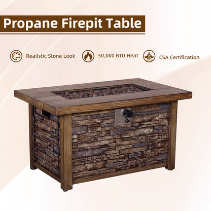 Rectangle Fire Pit Table, Faux Woodgrain Top & Stone Texture Base, 50,000 BTU (43.5" W x 27.36" H x 23.8" D)