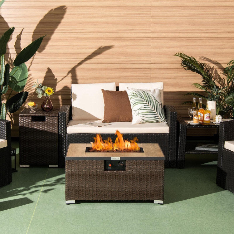 Propane Rattan Fire Pit Table Set with Side Table Tank, 40,000 BTU, Brown (32" W x 20" D x 16" H)