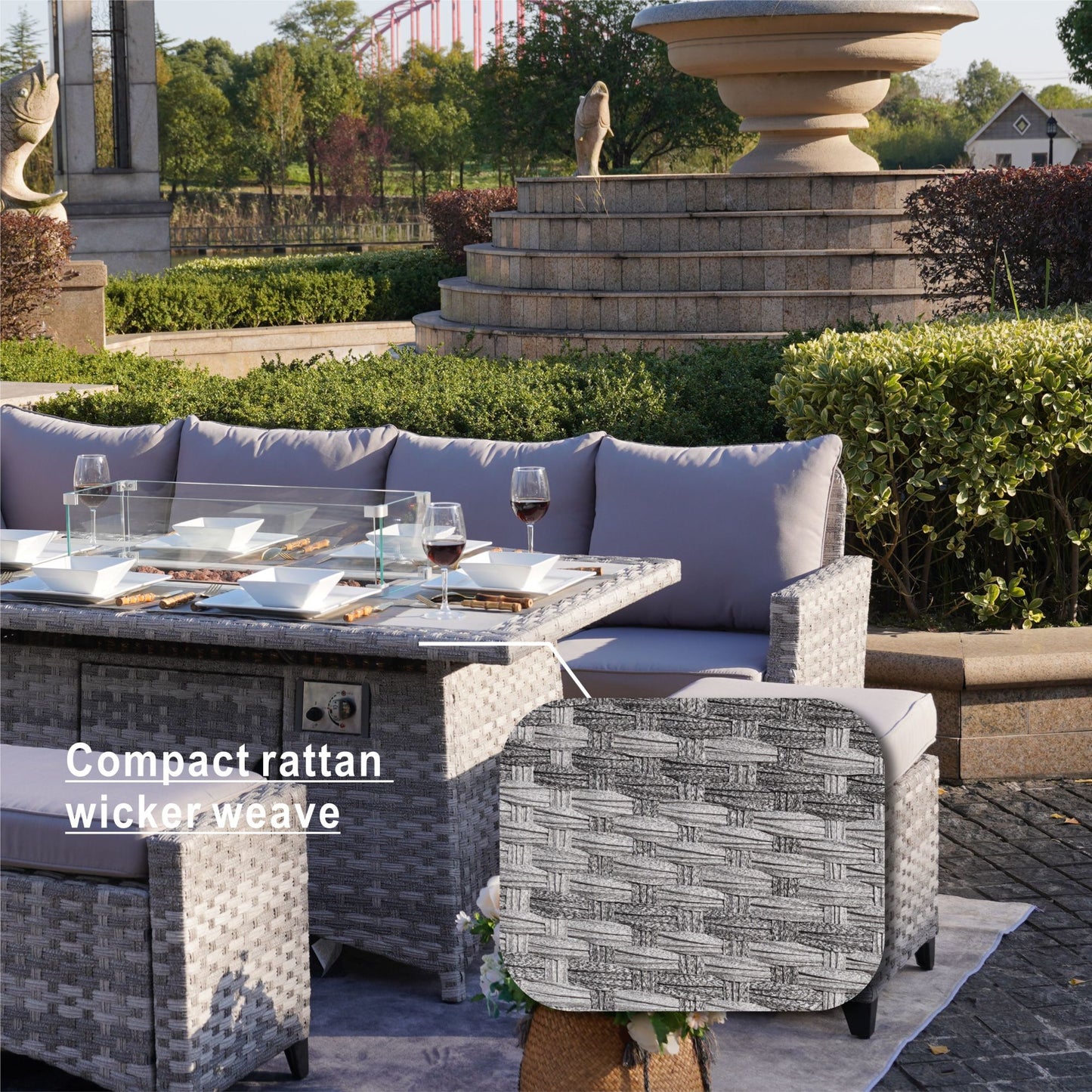 5-Piece Gray Wicker Fire Pit Table and Sofa Set and Ottoman