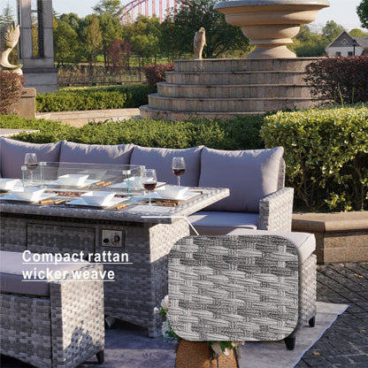 5-Piece Gray Wicker Fire Pit Table and Sofa Set and Ottoman