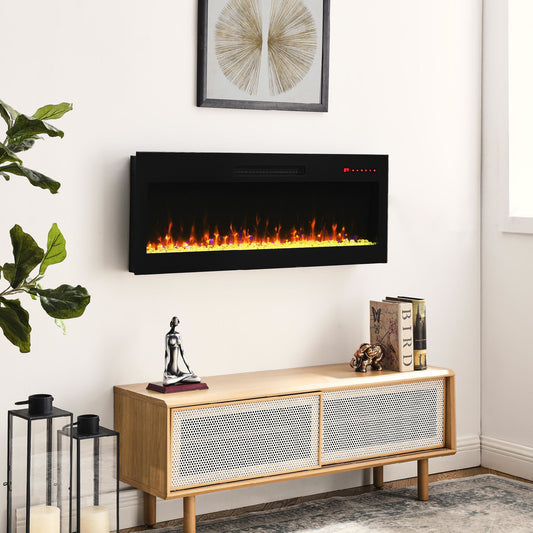 42" Recessed Ultra Thin Electric Fireplace with Remote and Multi-Color Flame & Ember Bed, LED Light Heater, Black