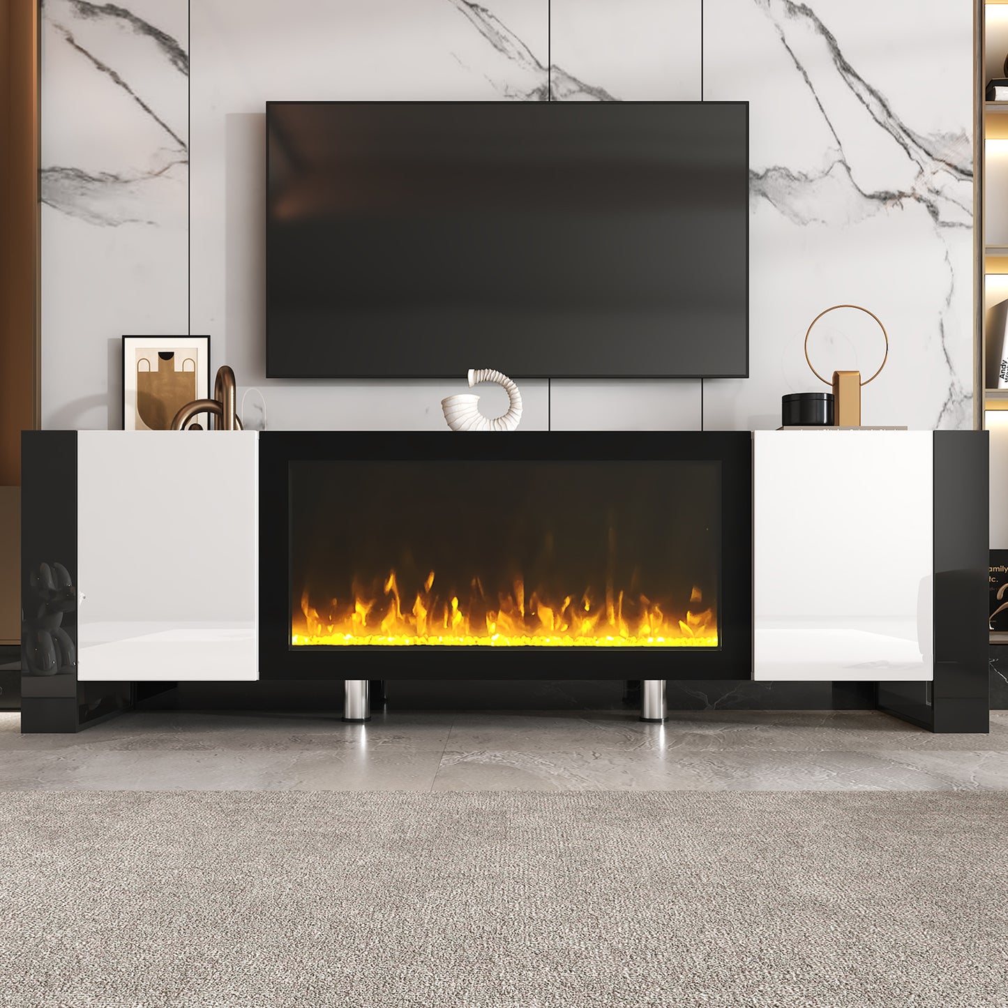 68" Non-heating Electric Fireplace Center, High Gloss Entertainment Center with 34" Electric Fireplace for TVs up to 78", White