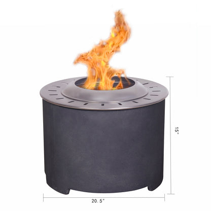 Concrete Smokeless Fire Pit with Wind Guard (20.5" x 20.5" x 15"), Black/Silver