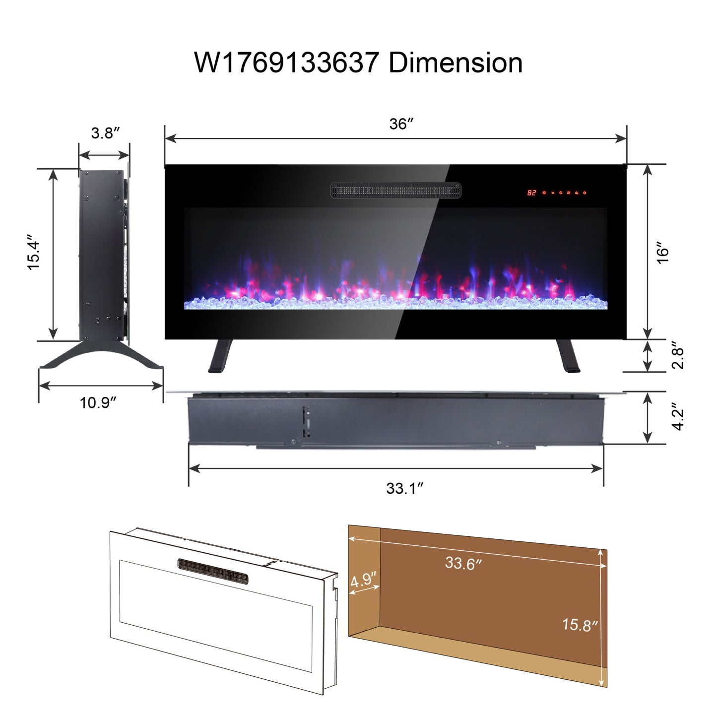 36" Recessed Ultra Thin Wall Mounted Electric Fireplace with Remote, Multi-Color Flame & Ember bed, LED Light Heater