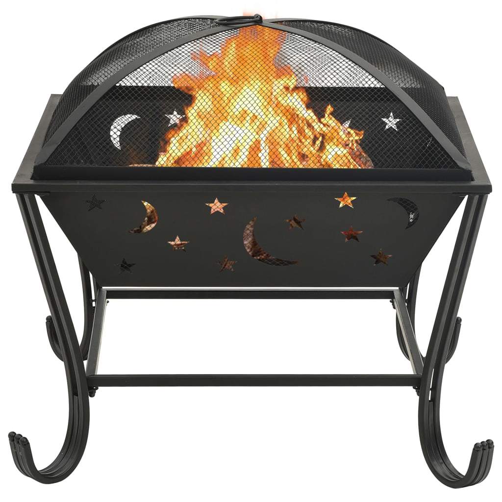 24.4" Moon & Stars XXL Steel Fire Pit with Poker (24.4" x 24.4" x 22.2"), Black