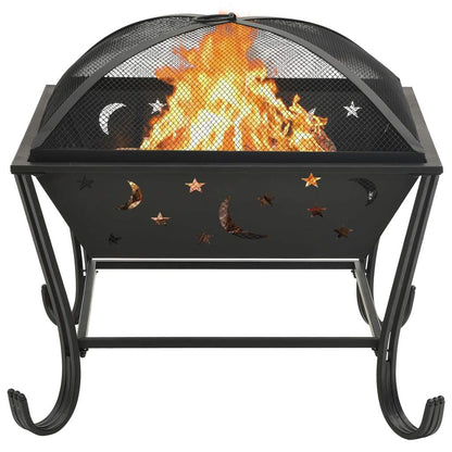 24.4" Moon & Stars XXL Steel Fire Pit with Poker (24.4" x 24.4" x 22.2"), Black