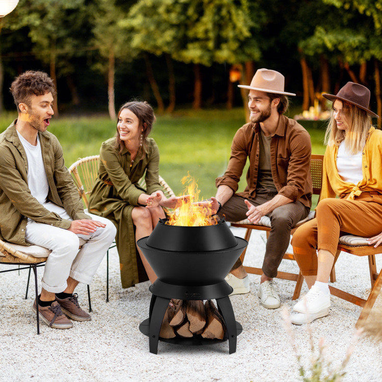 3-in-1 Efficient Cooking Fire Pit with Mesh Cover & Grill (23.2" x 23.2" x 23.6"), Black