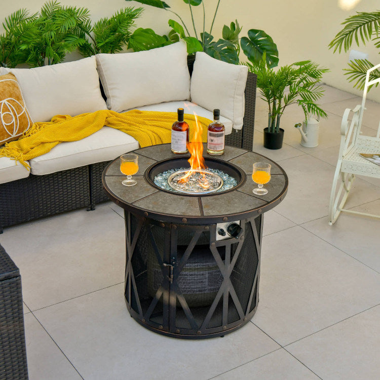 32" 30,000 BTU Round Fire Pit Table with Fire Glass and Ceramic Tile Top