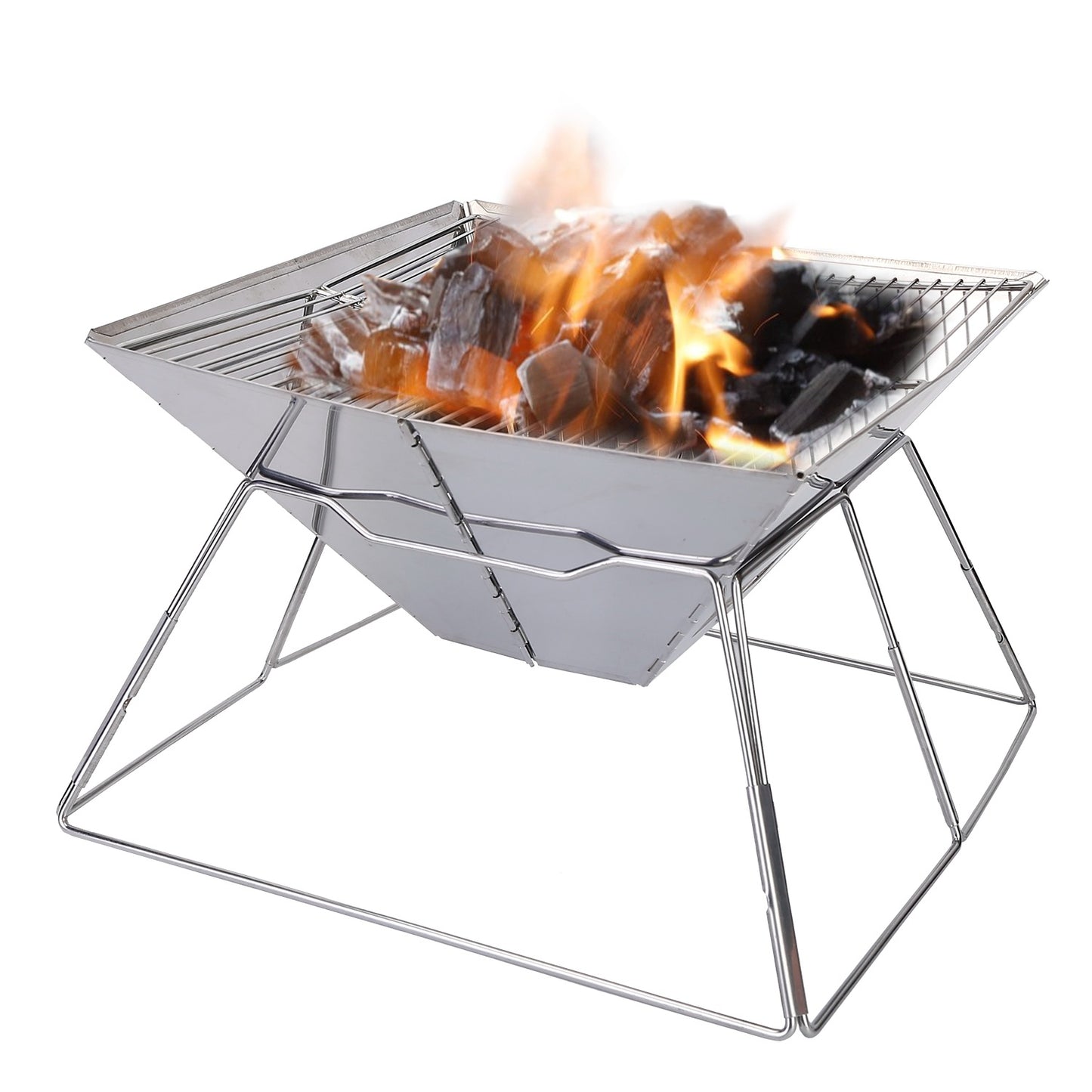 12.8" Foldable Camping Hibachi Grill, Charcoal Campfire Stove Pit (12.8" x 12.8" x 8.46"), Stainless Steel