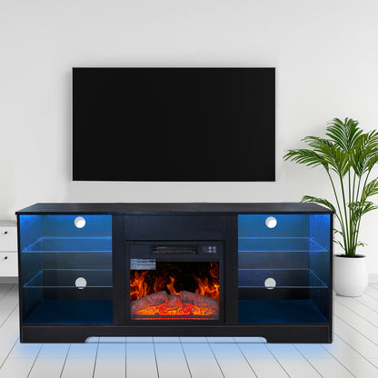 58" Electric Fireplace Center with 18 Inch Electric Fireplace Heater for TVs up to 62 Inches, Adjustable Glass Shelves and Storage Cabinets, Black