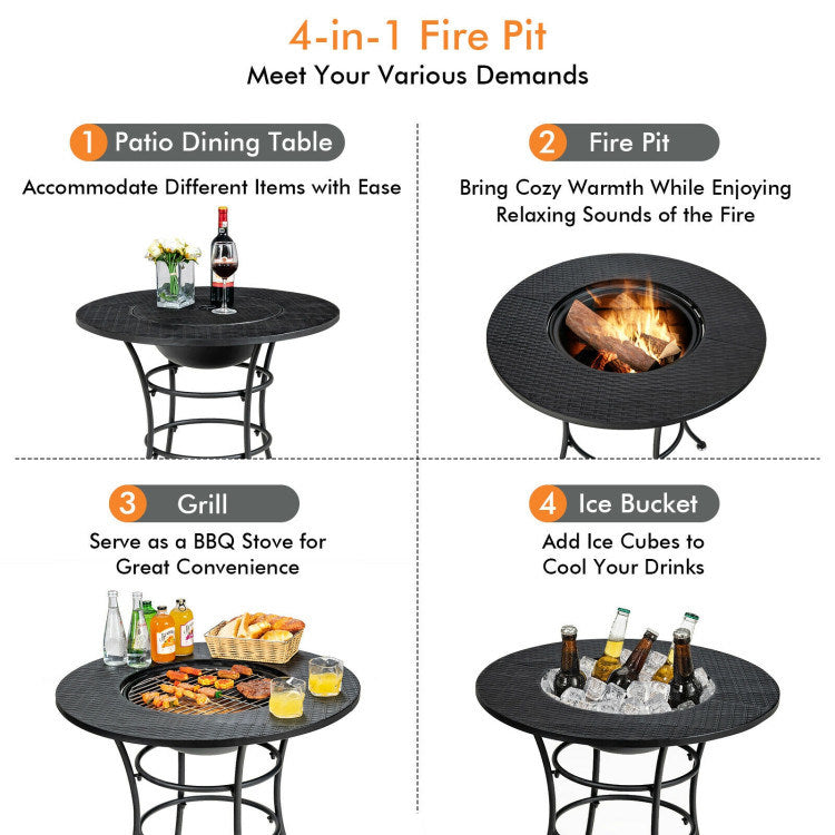 31.5" 4-in-1 Portable Cooking Fire Pit with Round Dining Table, BBQ Grill & Ice Bucket