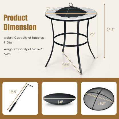 25.5" Multi-Purpose 2-in-1 Round Outdoor Fire Pit Table Black Steel Frame