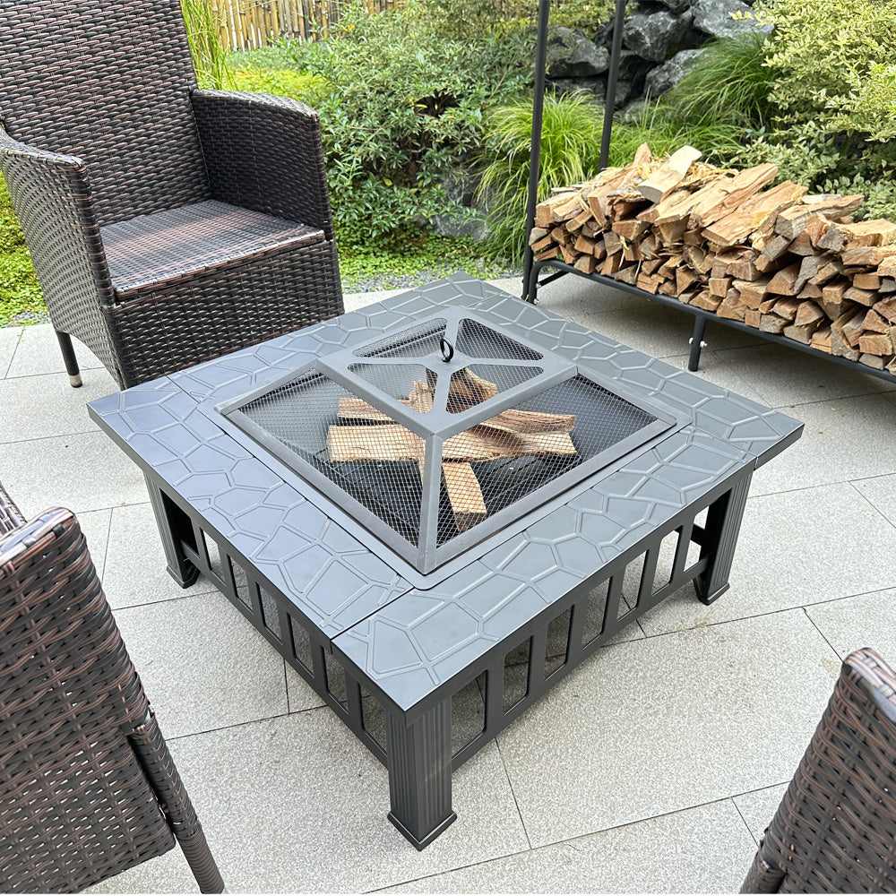 Square Metal Fire Pit Table, Outdoor Heating & Fireplace, Black (32" x 32" x 14")