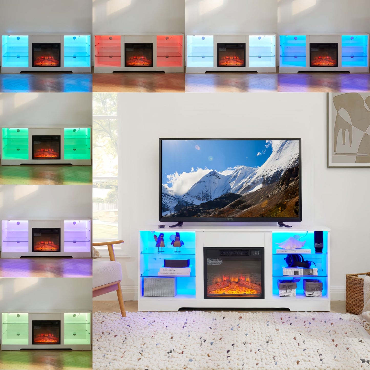 58" Electric Fireplace Center with Glass Shelves, 3D Fireplace with LED Lights, USB Charging, for TV up to 62", White