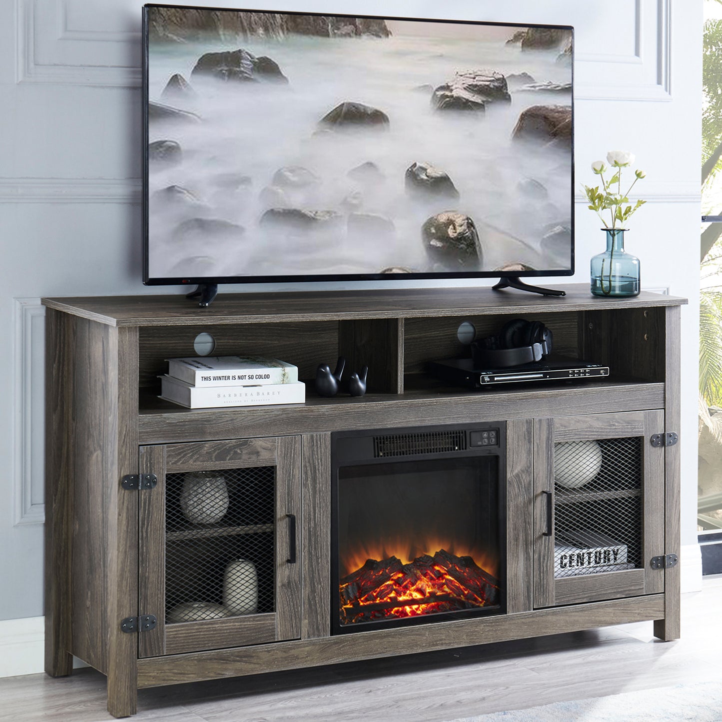 58" Modern Farmhouse TV Stand with Electric Fireplace, Grey