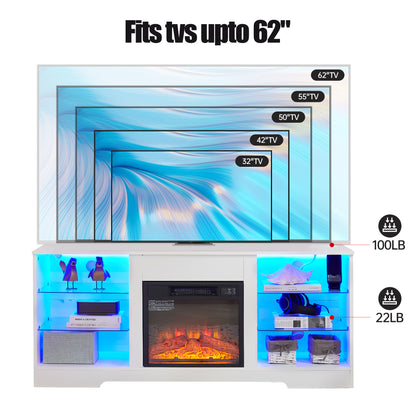 58" Electric Fireplace Center with Glass Shelves, 3D Fireplace with LED Lights, USB Charging, for TV up to 62", White