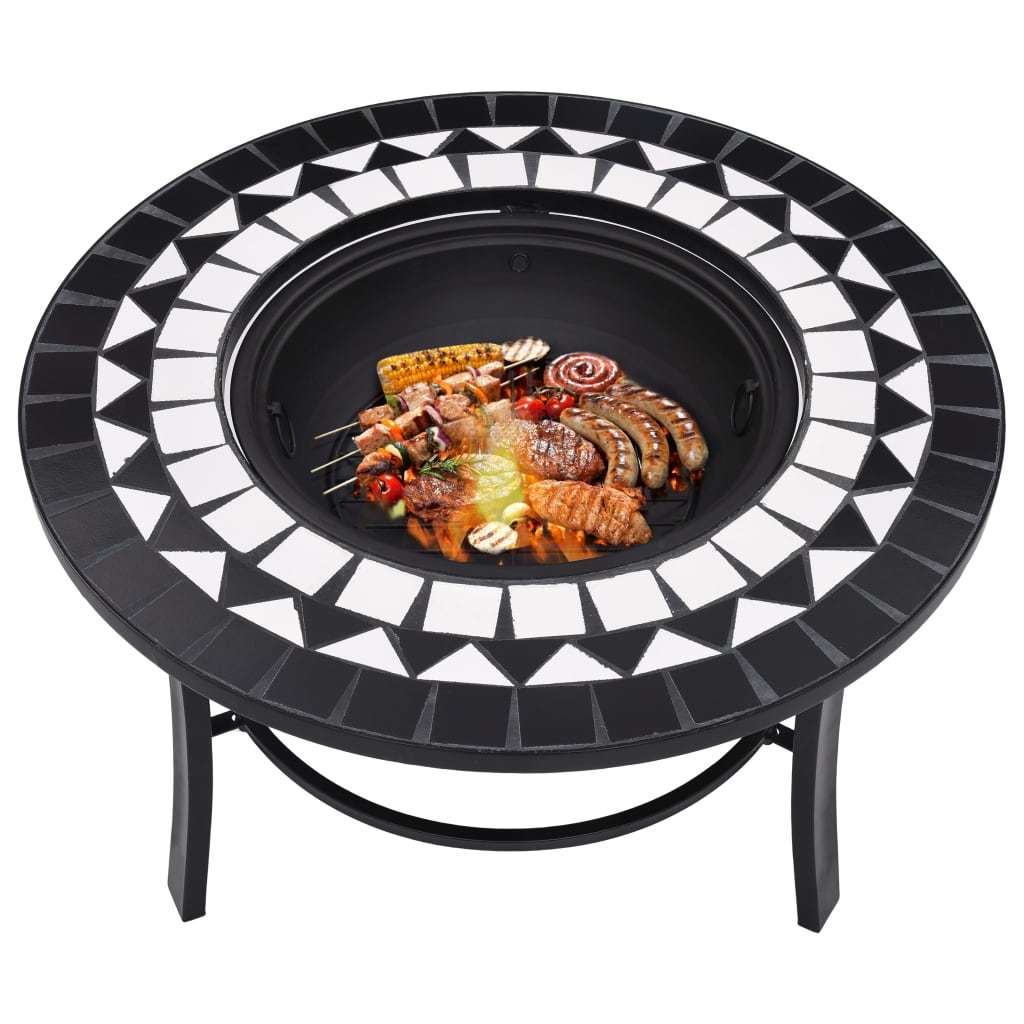 26.8" Black and White Mosaic Fire Pit with Ceramic Top, Steel Bowl