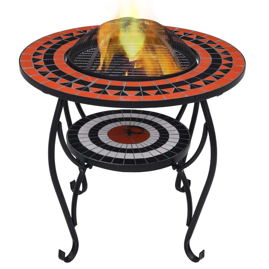 26.8" Terracotta & White Steel, Round Fire Pit Table with Ceramic Top, Mesh Cover